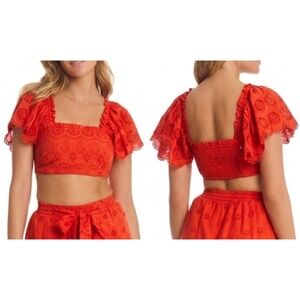 Red Carter Eyelet Ruffle Crop Top Red Puff Sleeve Swim Cover-up Size Large NEW